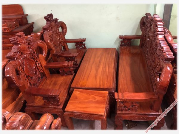 Bộ Salon gỗ đỏ Lào chạm rồng tay khuỳnh SA015