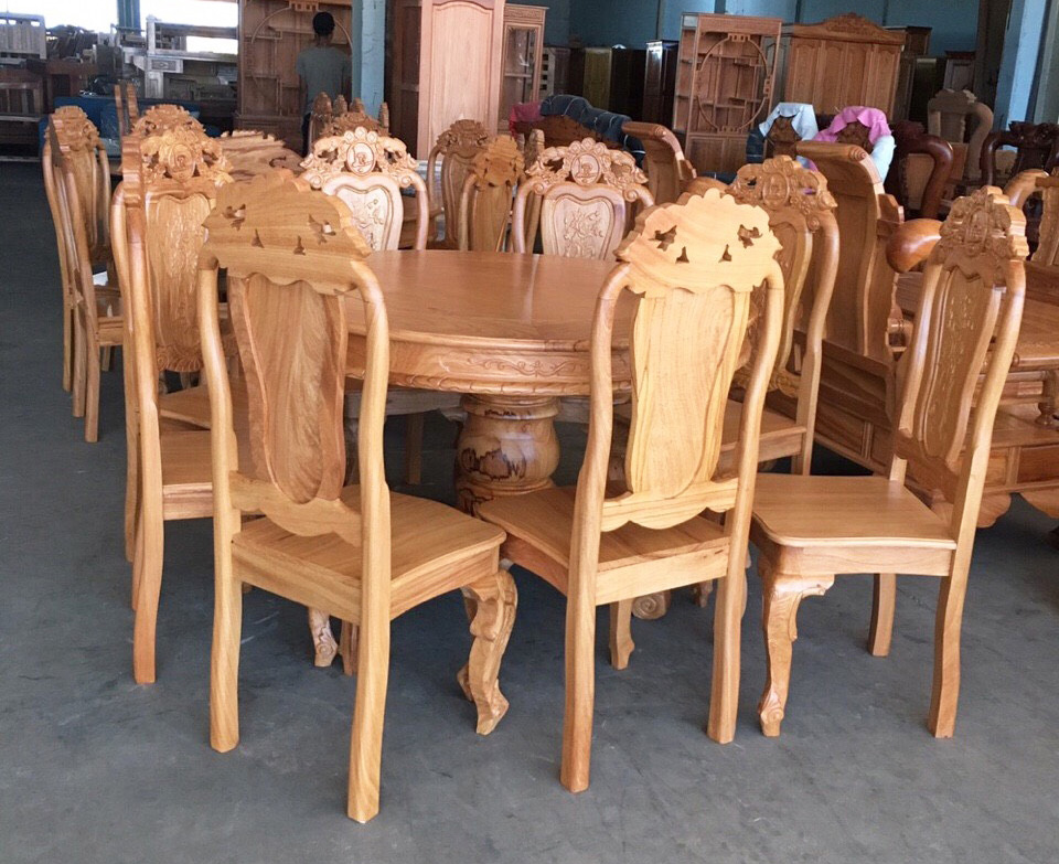 Bộ bàn ăn gỗ gõ đỏ hình tròn 8 ghế BA062 gỗ tự nhiên 100%