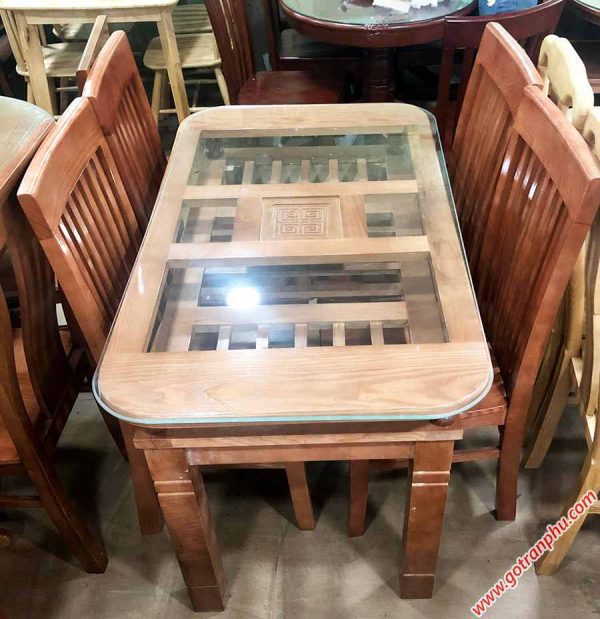 Bộ bàn ăn gỗ sồi 4 ghế 2 tầng 1m2 màu nâu