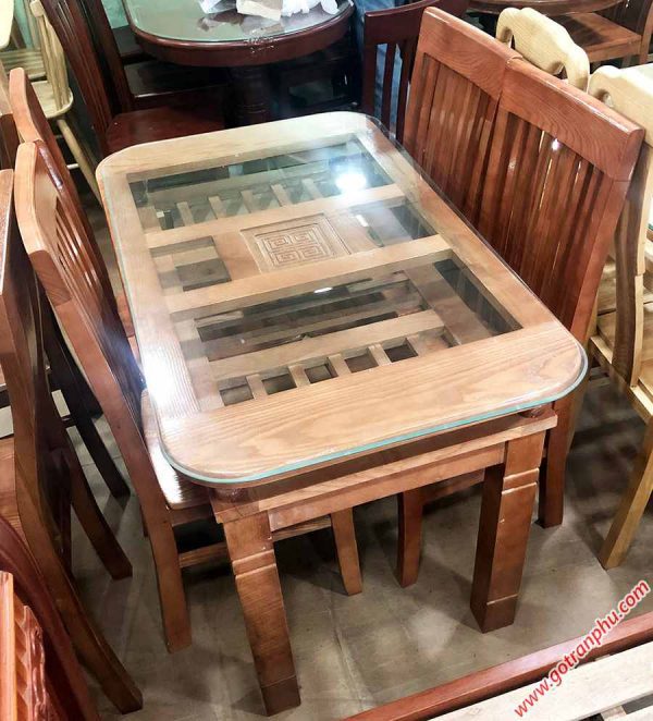 Bộ bàn ăn gỗ sồi 4 ghế 2 tầng 1m2 màu nâu
