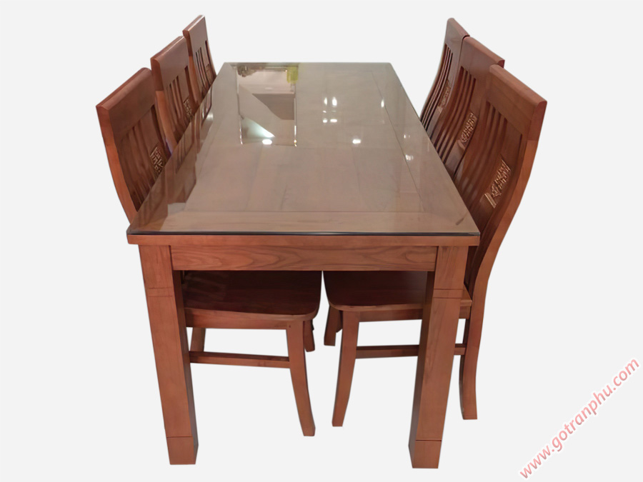 Bộ bàn ăn mặt liền gỗ sồi phủ xoan 6 ghế BA054 (160cm x 80cm)