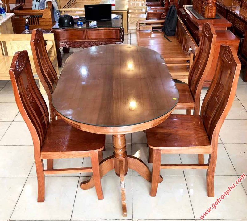 Bộ bàn ăn gỗ sồi hình oval 4 ghế 1m4 BA016 - gotranphu.com
